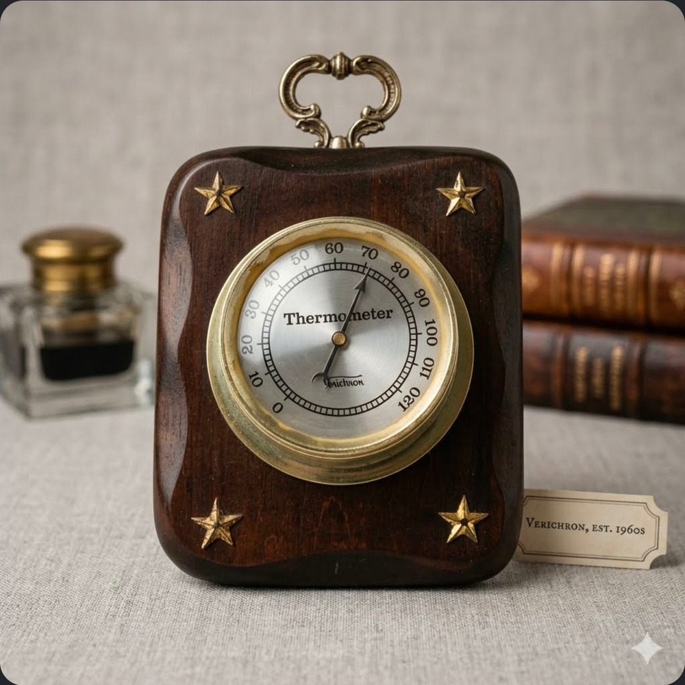 Vintage Verichron Wall Thermometer Wood Plaque Brass Stars Mod V12-4T USA Made